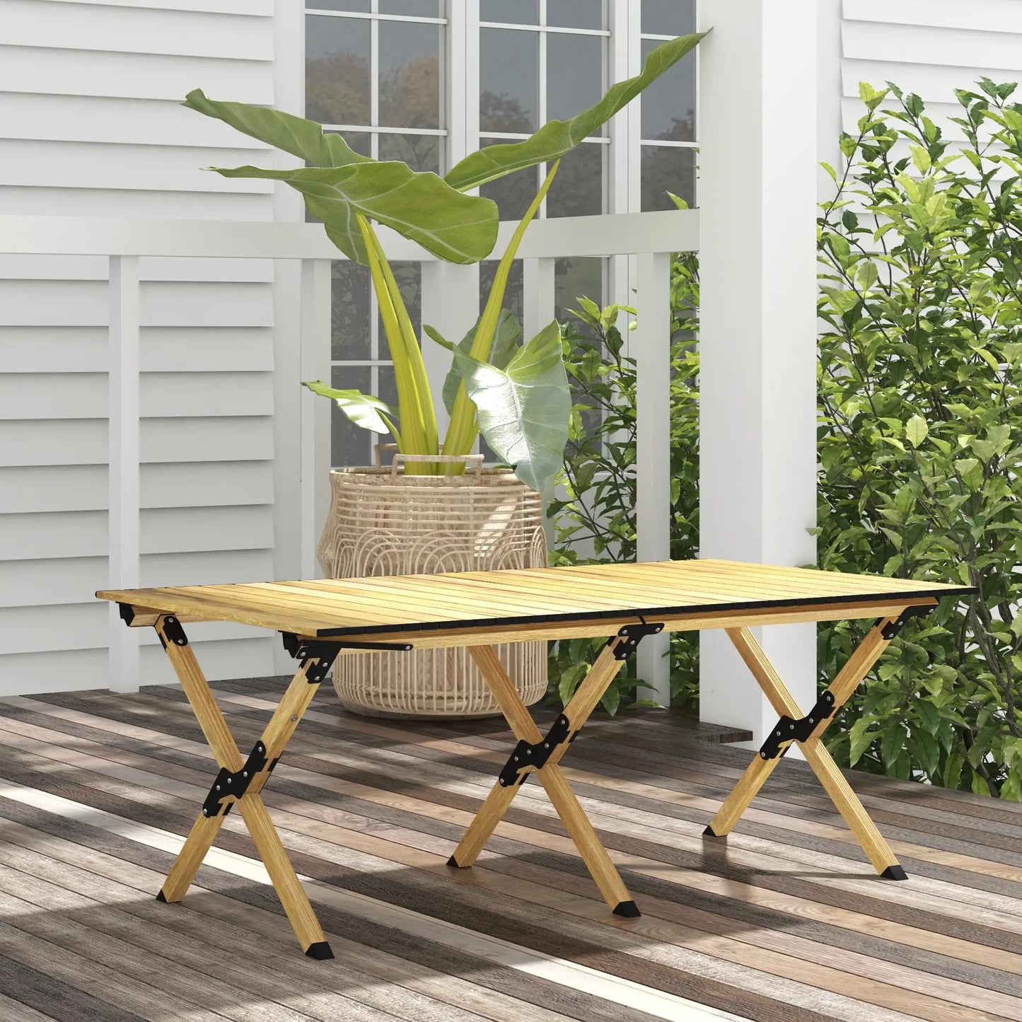 Outsunny 4ft Aluminium Portable Folding Camping Table with Roll-Up Top, Picnic Table for Indoor, Outdoor, Party, BBQ, Wood Effect