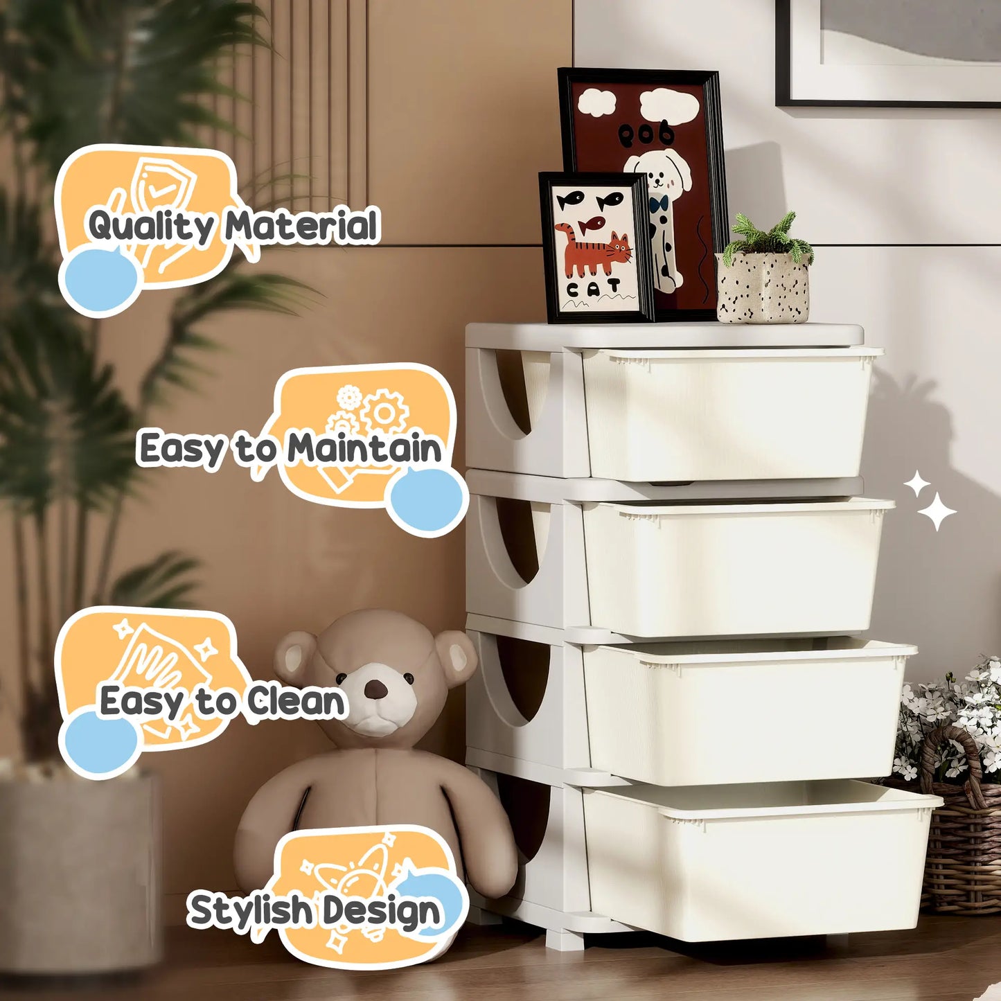 HOMCOM Four-Tier Kids Storage Boxes with Four Drawers - Cream