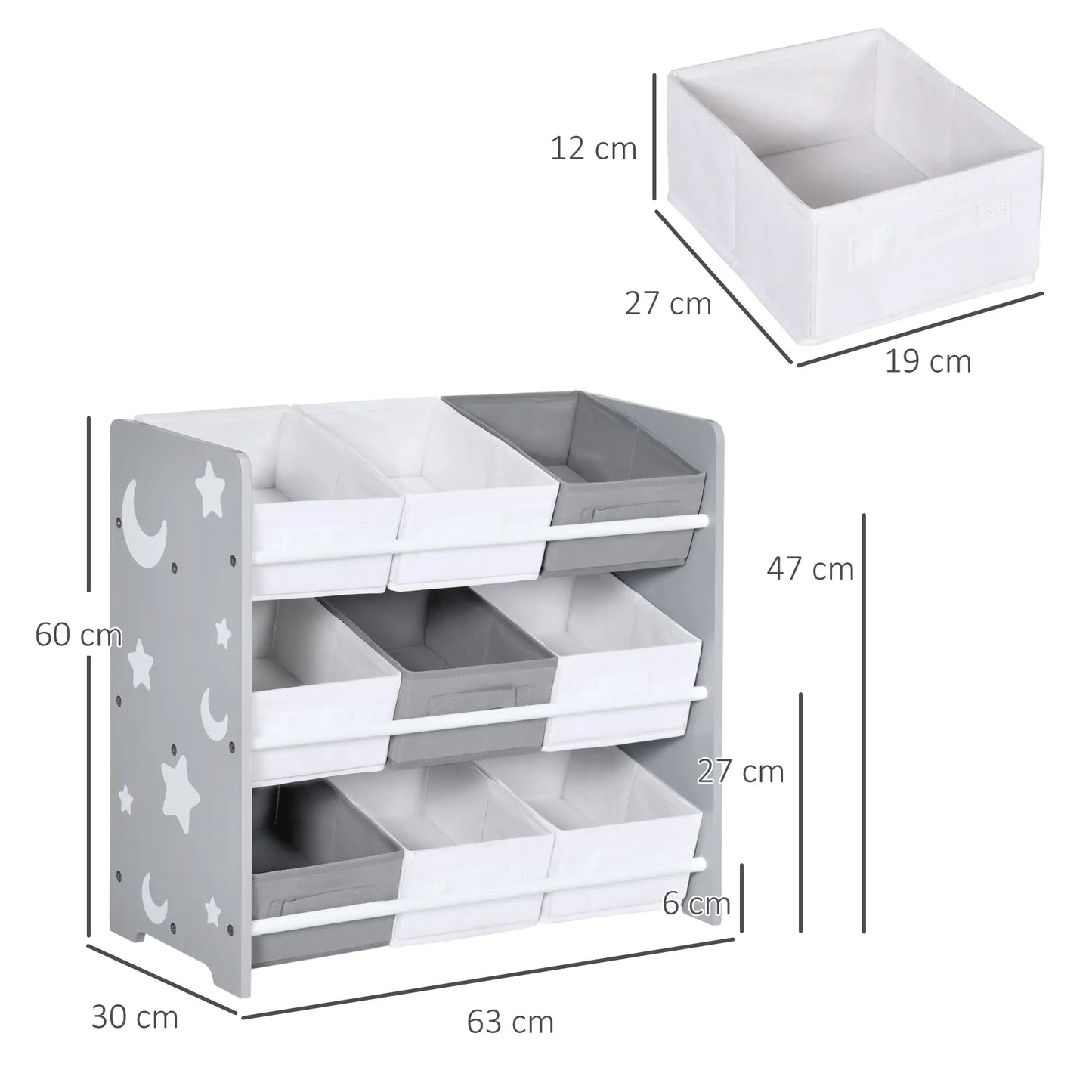 ZONEKIZ Kids Storage Rack with Nine Removable Baskets for Nursery, Bedroom, Playroom - Grey