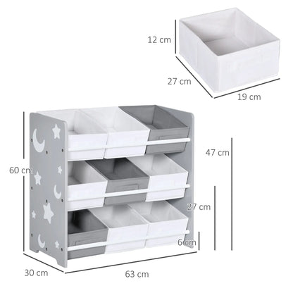 ZONEKIZ Kids Storage Rack with Nine Removable Baskets for Nursery, Bedroom, Playroom - Grey