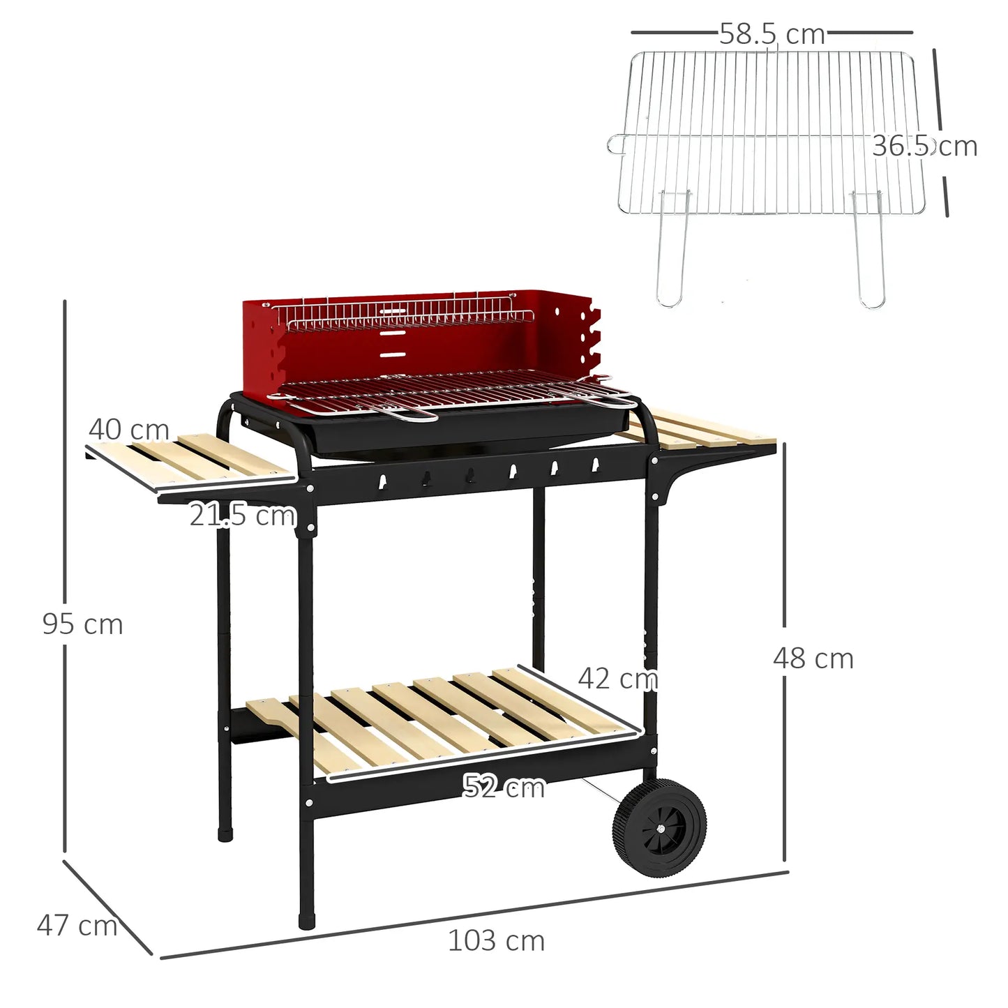 Outsunny Charcoal BBQ, with Five Position Barbecue Grill Grate - Red