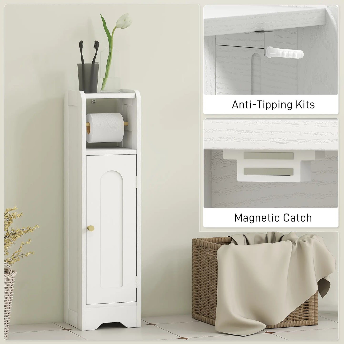 HOMCOM Small Bathroom Storage Cabinet with Toilet Roll Holder - White
