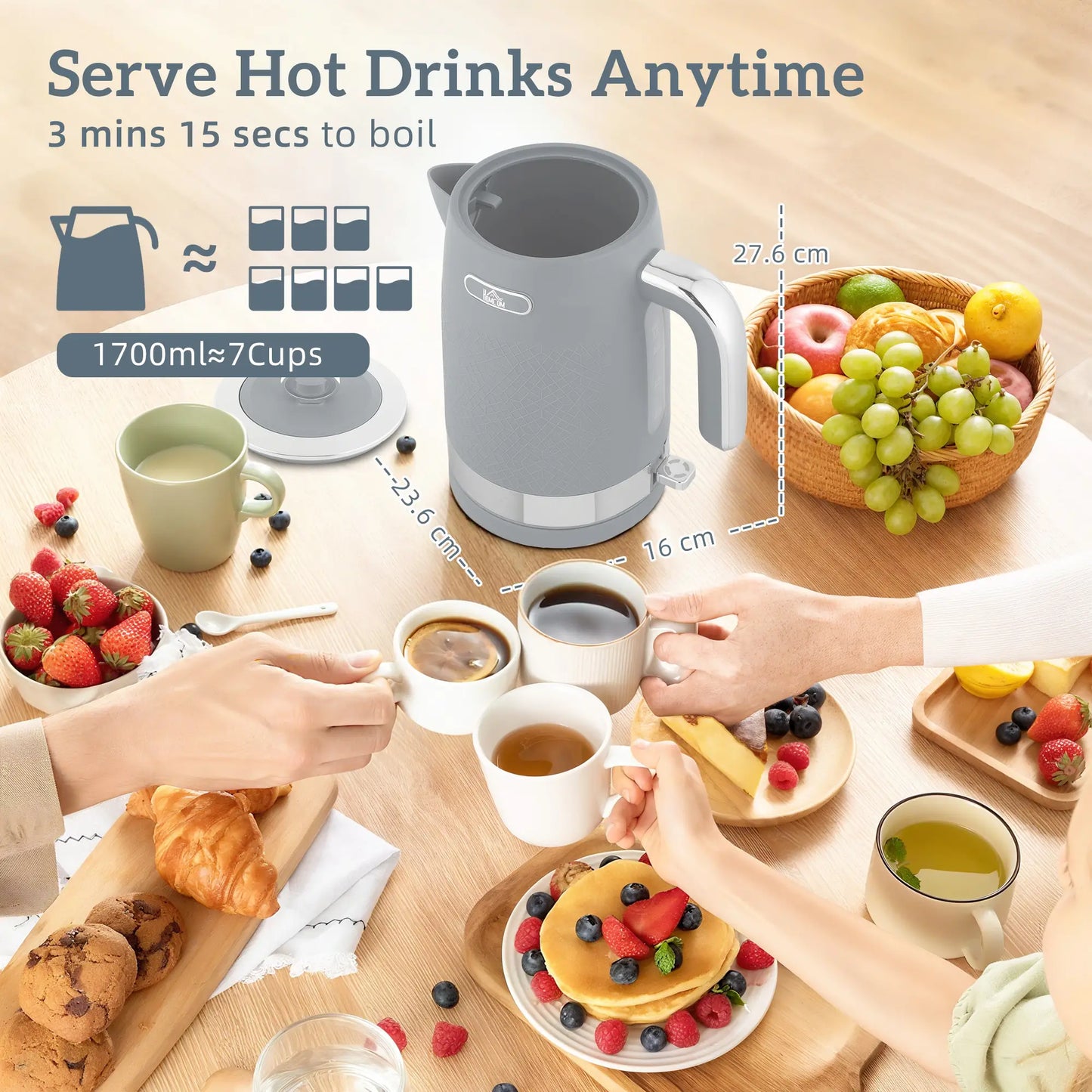 HOMCOM Sleek Textured Rapid Boil Kettle & Two-Slice Toaster Kitchen Set - Grey
