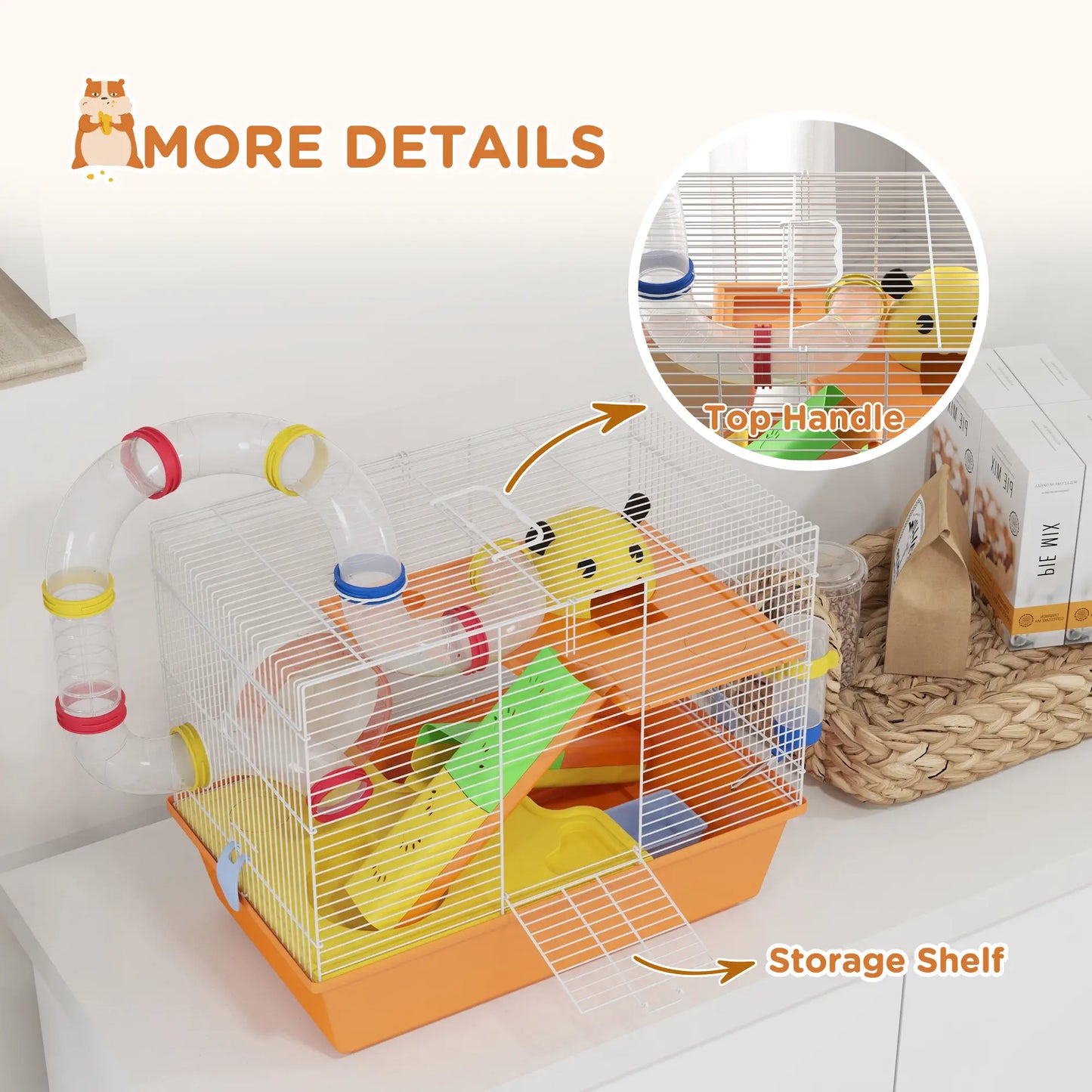 PawHut 3 Tiers Gerbil Cage, Hamster Cage with Tubes, Exercise Wheel, Ladder, Top Handle - Orange