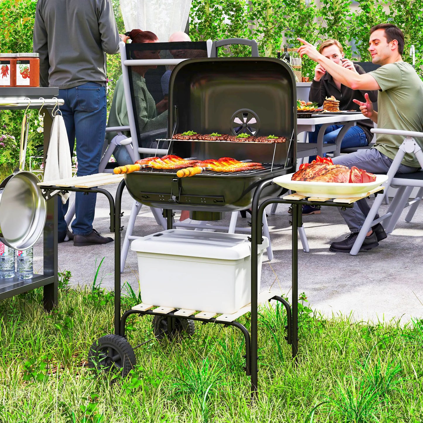 Outsunny Charcoal Barbecue Grill Portable BBQ Grill with Cooking Area, 3 Shelves, Lockable Lid, Wheels for Outdoor Cooking, Garden Party, Black