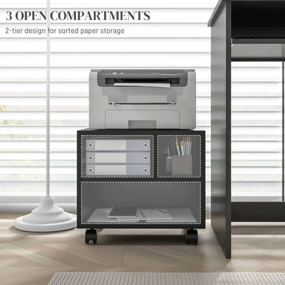 HOMCOM Three-Compartment Office Storage Printer Cabinet, with Wheels - Black