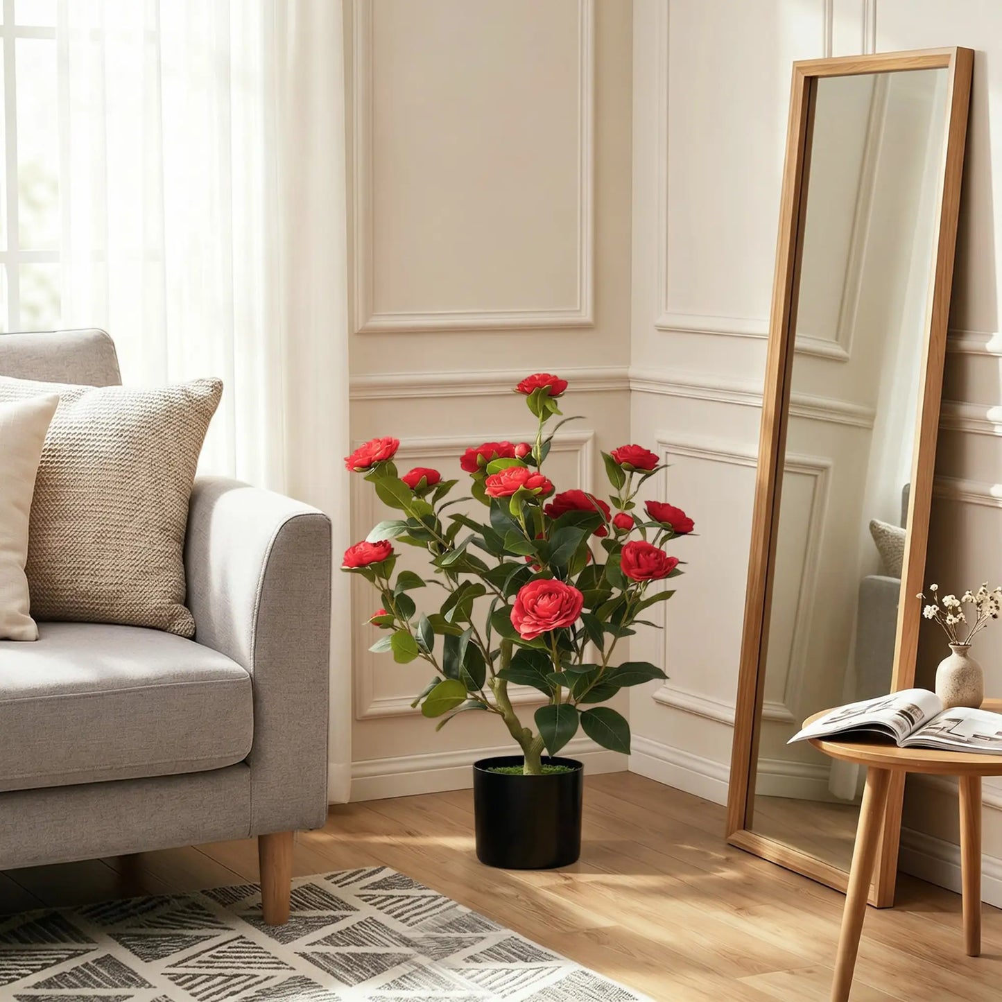 HOMCOM Artificial Camellia Flower Plant in Pot with 116 Lush Leaves & Moss Effect, Red