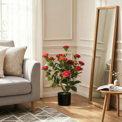 HOMCOM Artificial Camellia Flower Plant in Pot with 116 Lush Leaves & Moss Effect, Red
