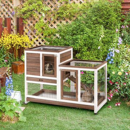 PawHut Two-Tier Rabbit Hutch Pet Cage, with Wheels, Fir Wood Structure - Brown