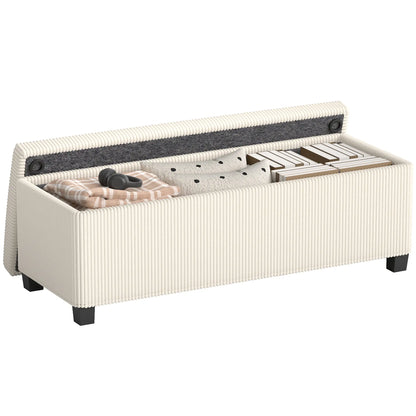 HOMCOM Storage Ottoman Bench, Corduroy Storage Chest Box with Wooden Legs, Bed End Bench, Beige