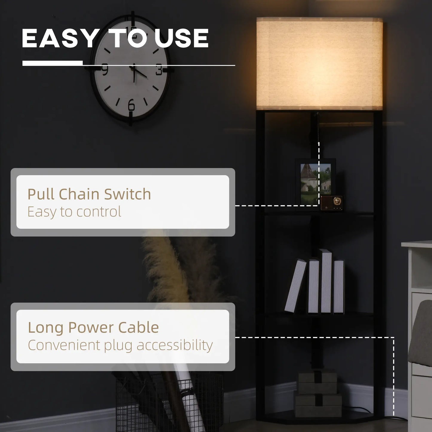 HOMCOM Corner Floor Lamp with Shelves, Modern Tall Standing Lamp with Chain Switch for Living Room, Bedroom, Black