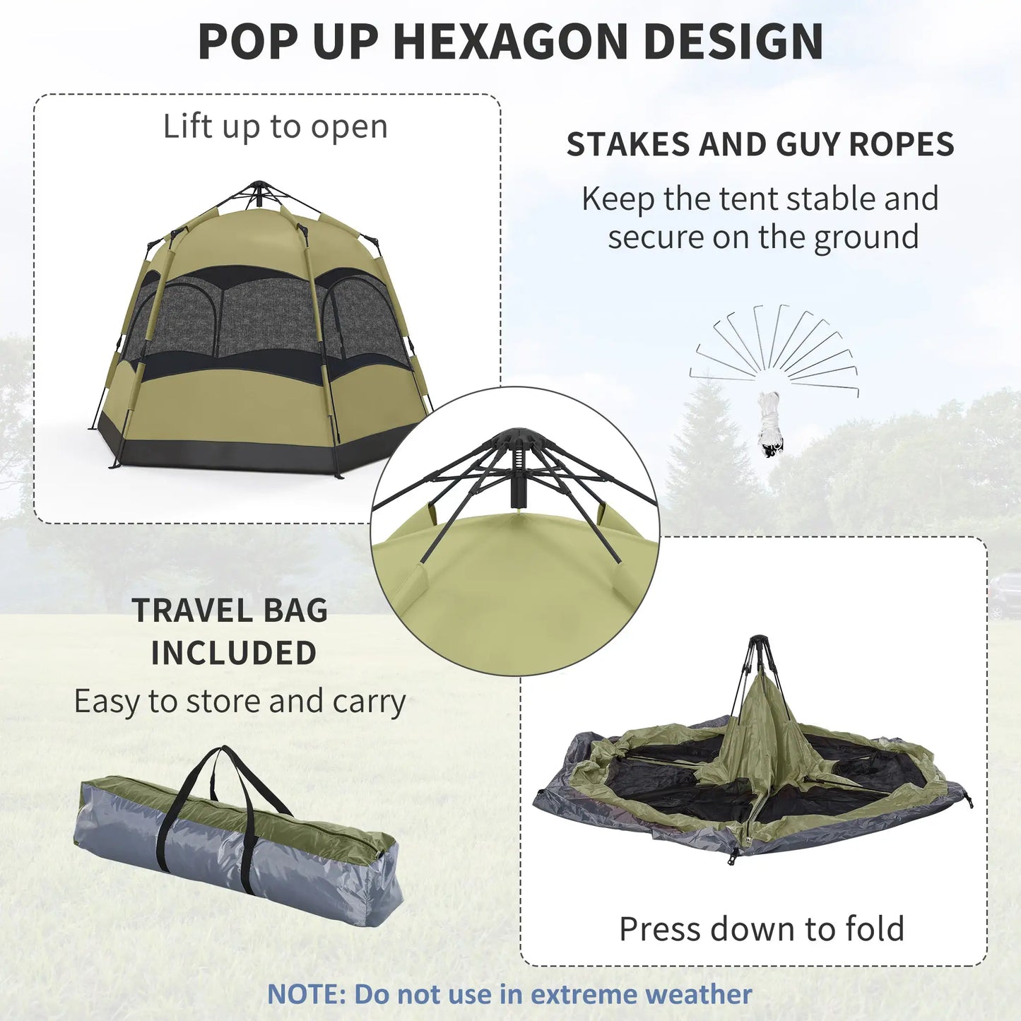 Outsunny Six Man Hexagon Camping Tent with Hang Hook & Carry Bag - Dark Green, Light Grey