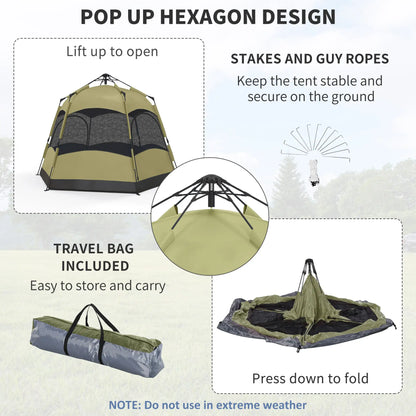 Outsunny Six Man Hexagon Camping Tent with Hang Hook & Carry Bag - Dark Green, Light Grey