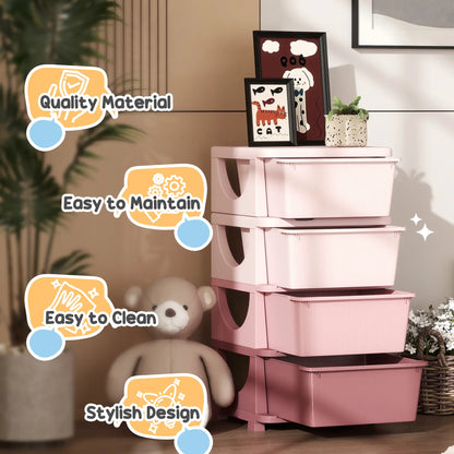 HOMCOM Four-Tier Kids Storage Boxes, with Four Removable Drawers, Pink
