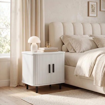 HOMCOM Nightstand Bedside Table with Sliding Doors and Metal Legs, White Wood Effect