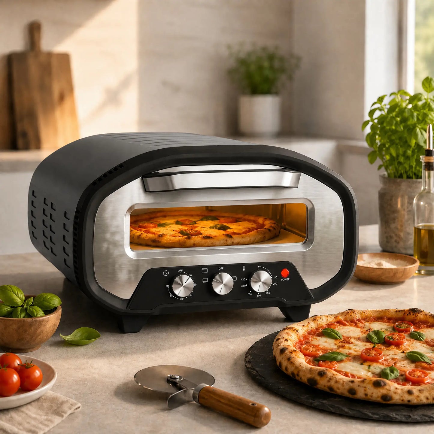 HOMCOM Electric Pizza Oven, Pizza Maker with 3 Knob Control & Ceramic Stone, Viewing Window, 2200W