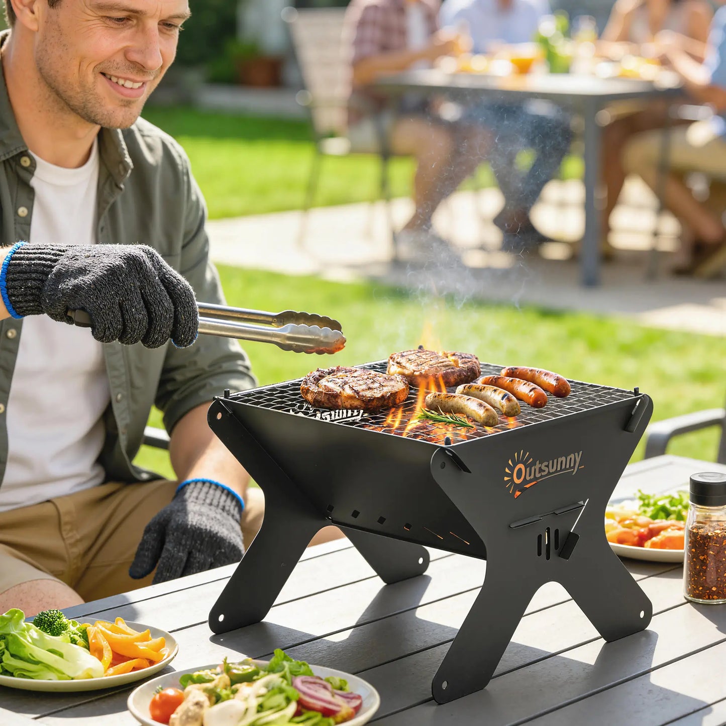Outsunny 2-In-1 Portable BBQ Grill & Camping Fire Pit, Tabletop Charcoal Barbecue Grill with Gripper, Gloves & Carry Bag