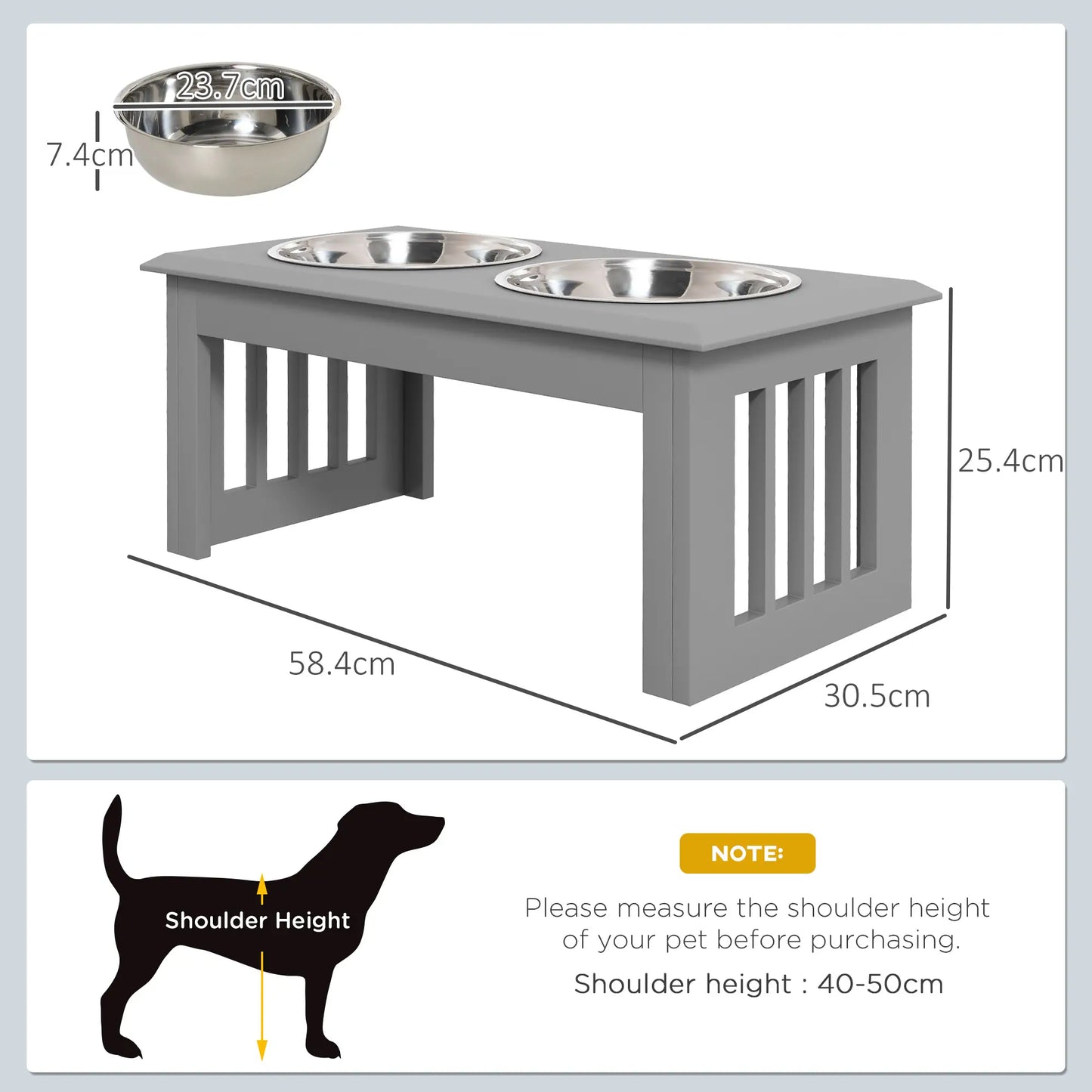 PawHut Raised Dog Feeding Bowls with Stand, Stainless Steel for Medium Dog - Grey
