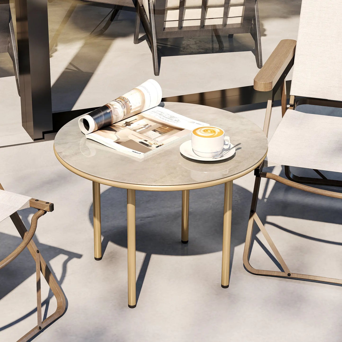 Outsunny Round Coffee Table, End Side Table with Faux Marble Tempered Glass Top, Steel Frame for Home, Office, Beige
