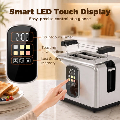 HOMCOM 2 Slice Smart Toaster with Touch Screen, LED Countdown & Warming Rack, Memory Function