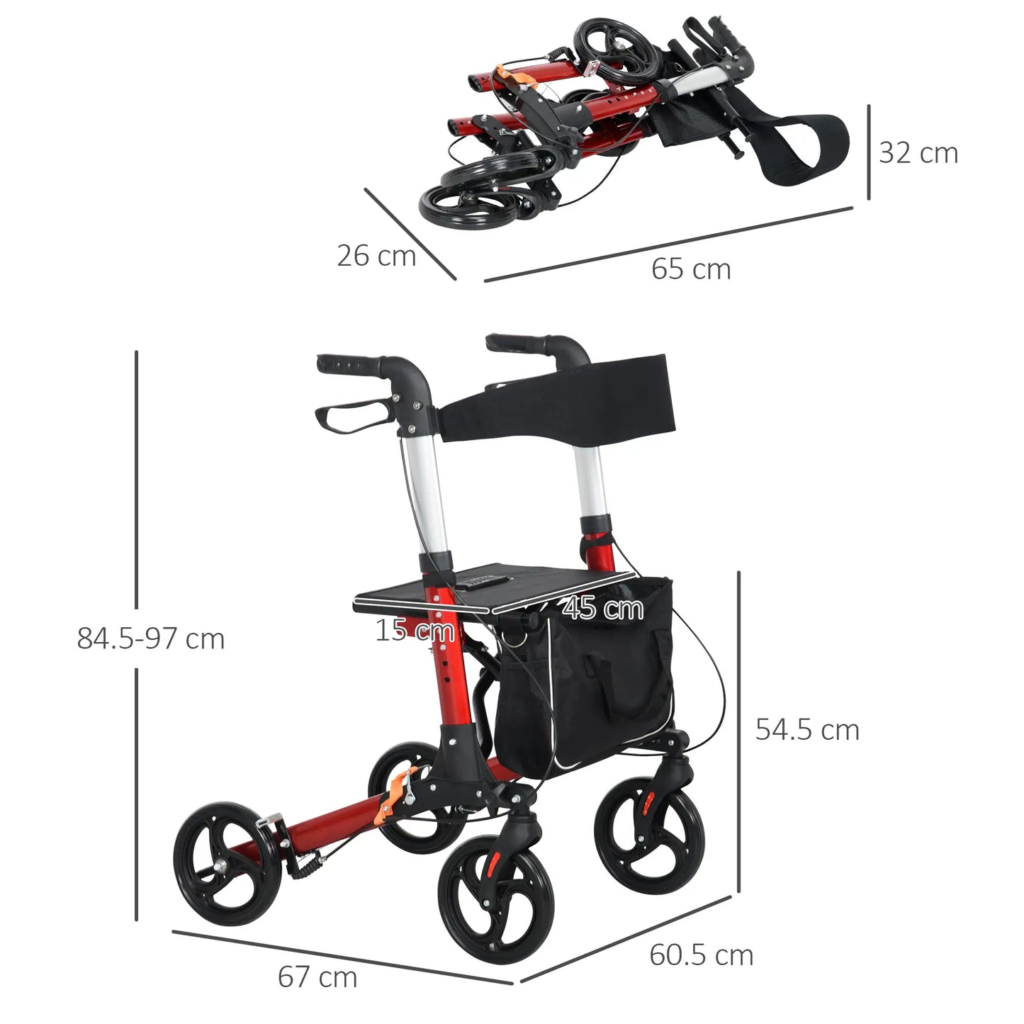 HOMCOM Folding 4 Wheeled Rollator Walker with Seat and Backrest, Lightweight Walking Frame, Dual Brakes, Adjustable Handle Height