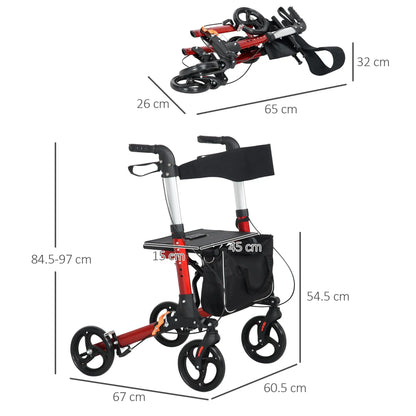 HOMCOM Folding 4 Wheeled Rollator Walker with Seat and Backrest, Lightweight Walking Frame, Dual Brakes, Adjustable Handle Height