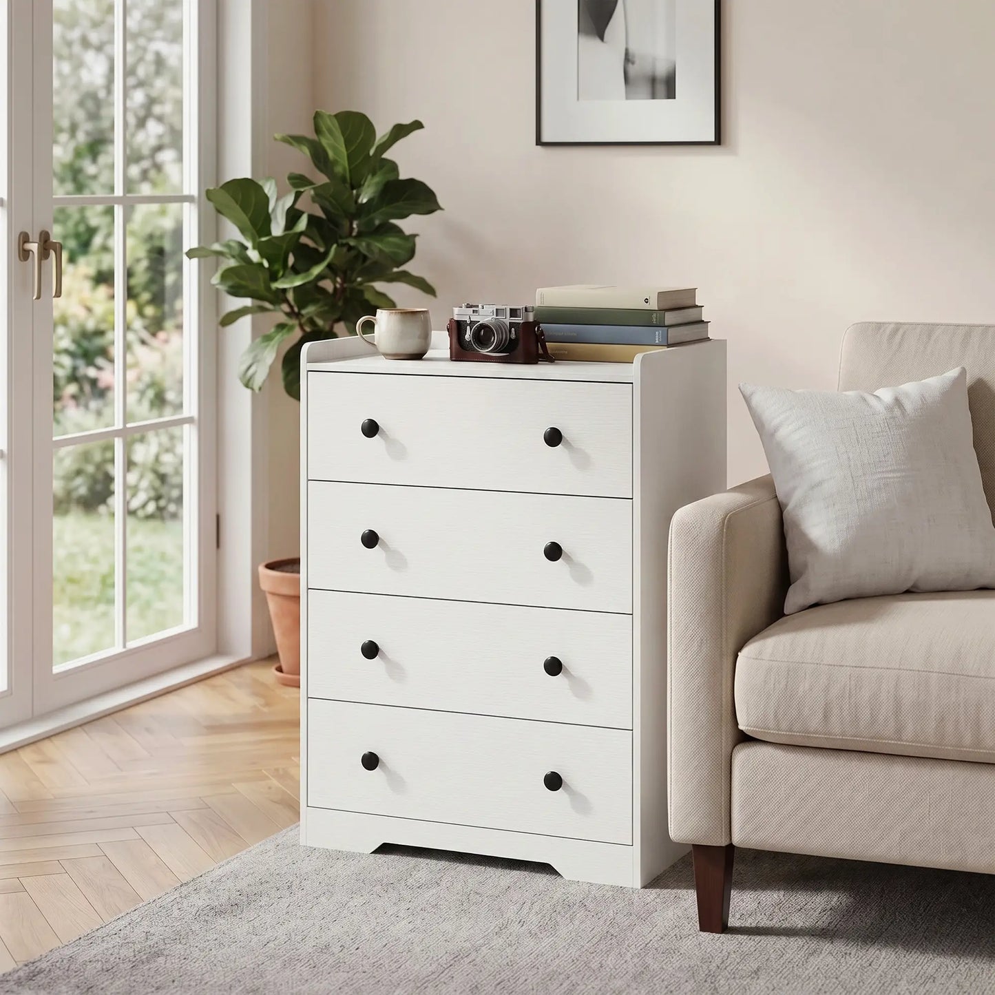 HOMCOM 4 Drawer Chest of Drawers, Modern Dresser for Bedroom, Storage Cabinet, White Wood Effect