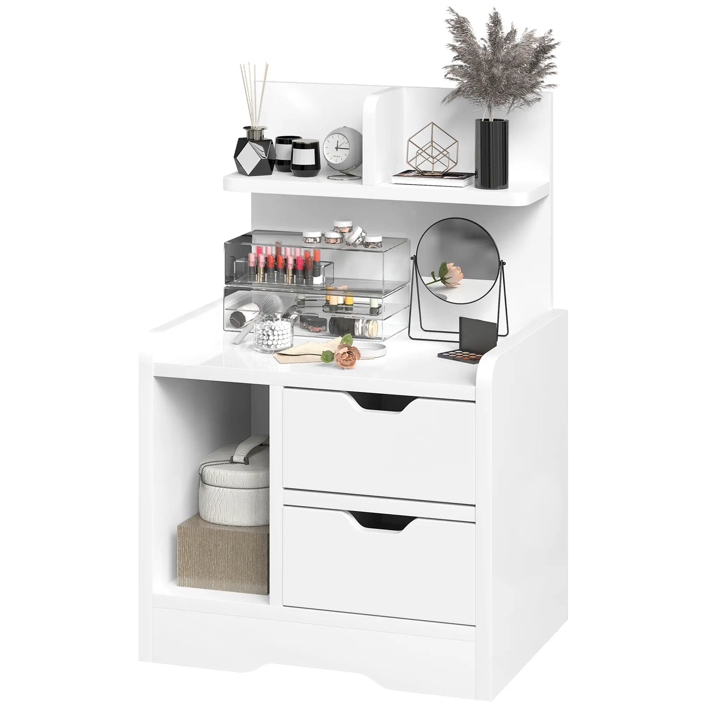 HOMCOM Bedside Table with 2 Drawers and Open Shelves - High Gloss White