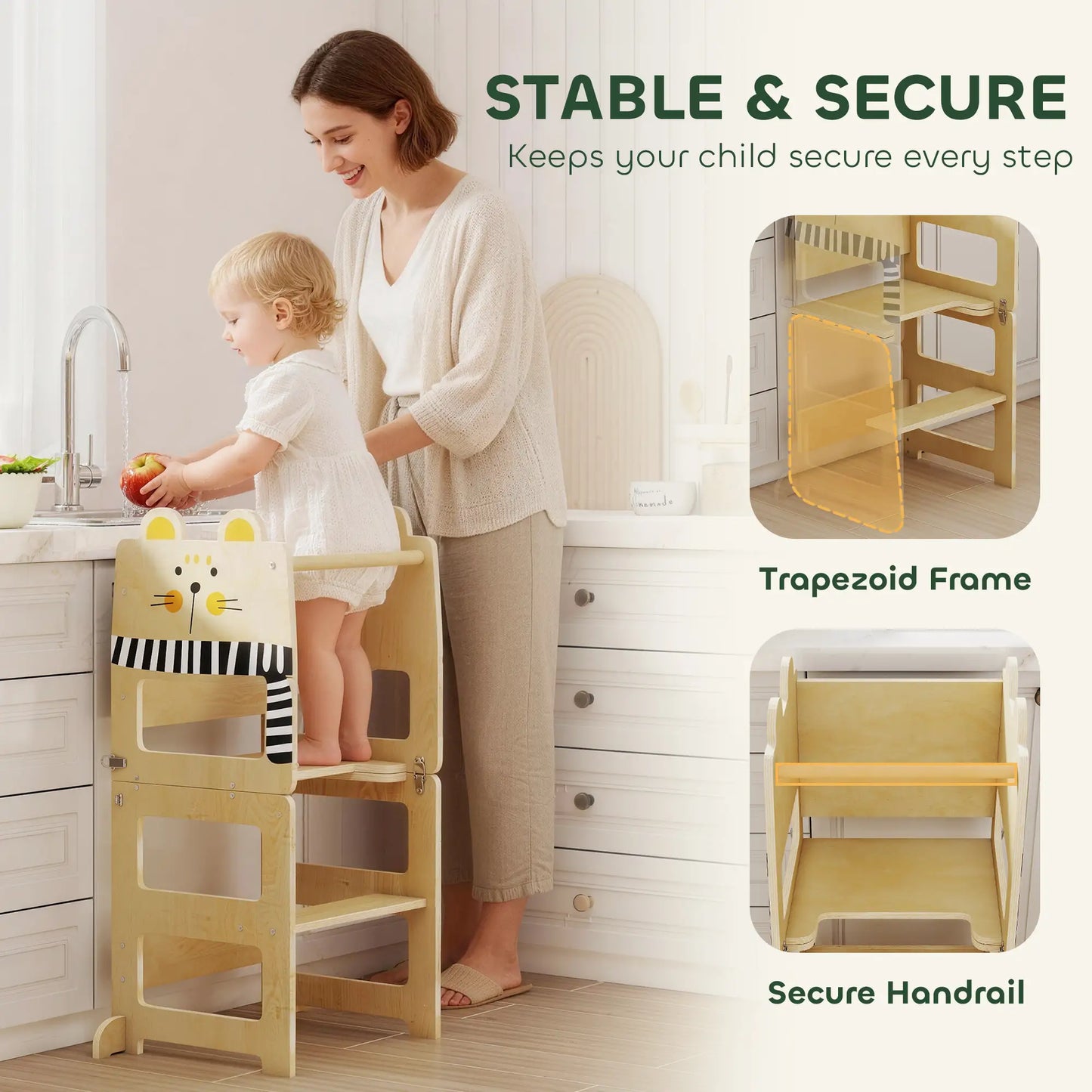 AIYAPLAY Toddler Step Stool, Standing Tower with Chalkboard, 3-in-1 Cat-Shaped for Kitchen Counter, Natural