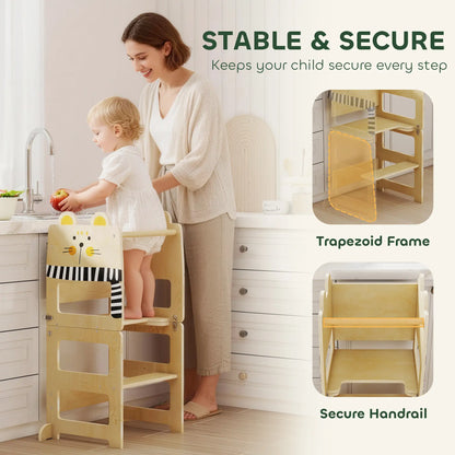 AIYAPLAY Toddler Step Stool, Standing Tower with Chalkboard, 3-in-1 Cat-Shaped for Kitchen Counter, Natural