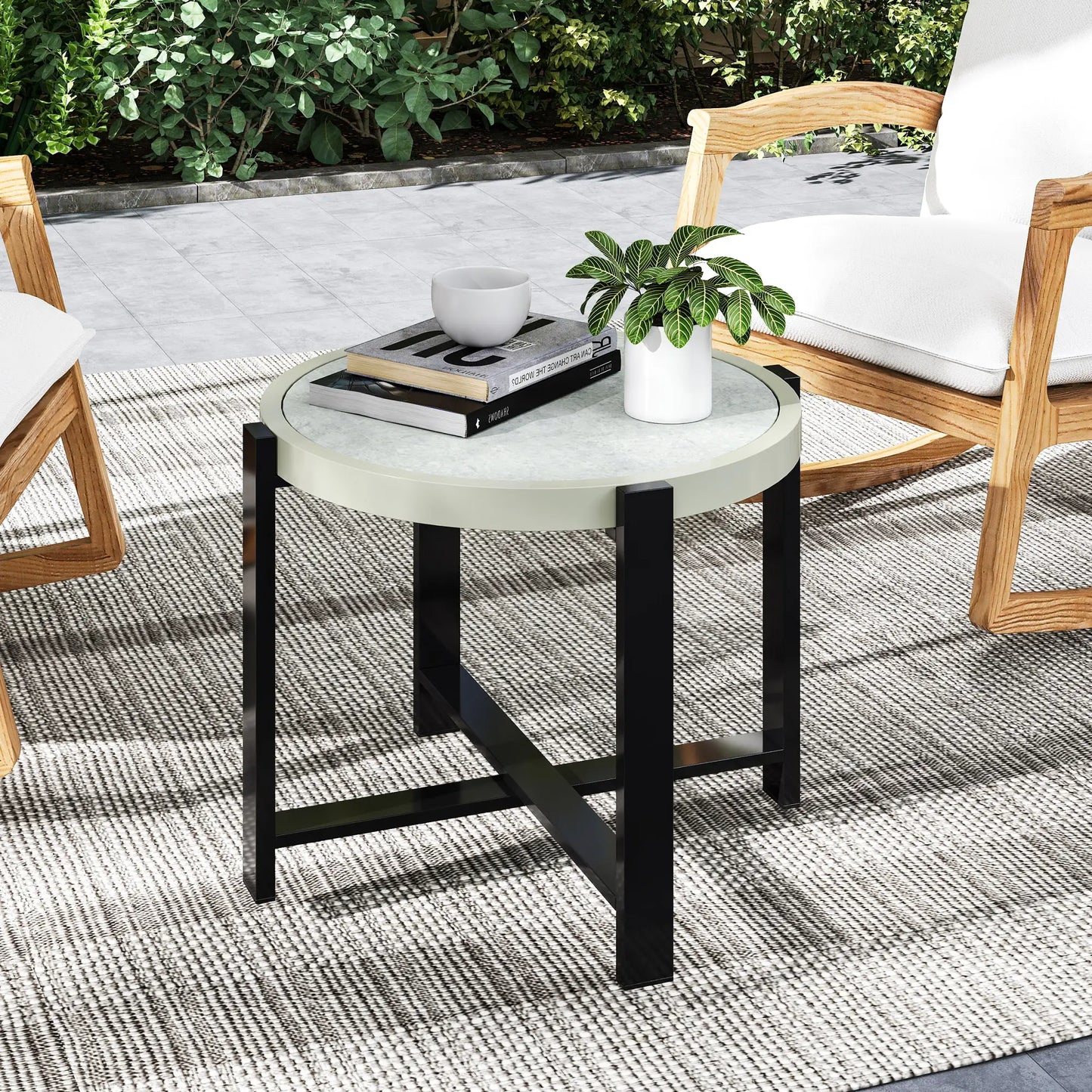 Outsunny Round Small Garden Outdoor Side Table with Faux Marble Tempered Glass Top, Aluminium Frame, Light Grey