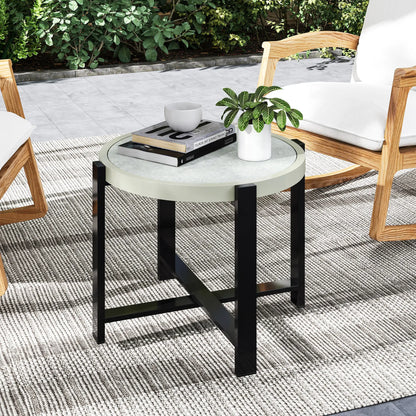 Outsunny Round Small Garden Outdoor Side Table with Faux Marble Tempered Glass Top, Aluminium Frame, Light Grey