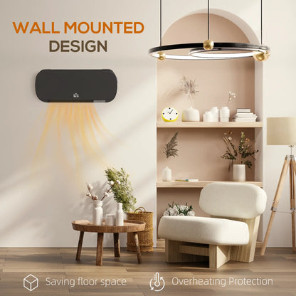 HOMCOM 2000W Wall Mounted Ceramic Electric Space Heater, 10-49°C Temperature, Black