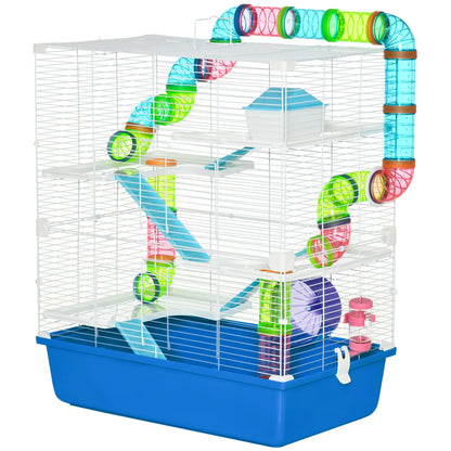 PawHut 5 Tier Hamster Cage, Gerbil Cage with Exercise Wheel, Feeder Bowl, Tube - Blue