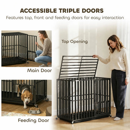 PawHut Heavy Duty Dog Crate, Dog Cage with Wheels for Small Medium Breeds, Metal Pet Kennel