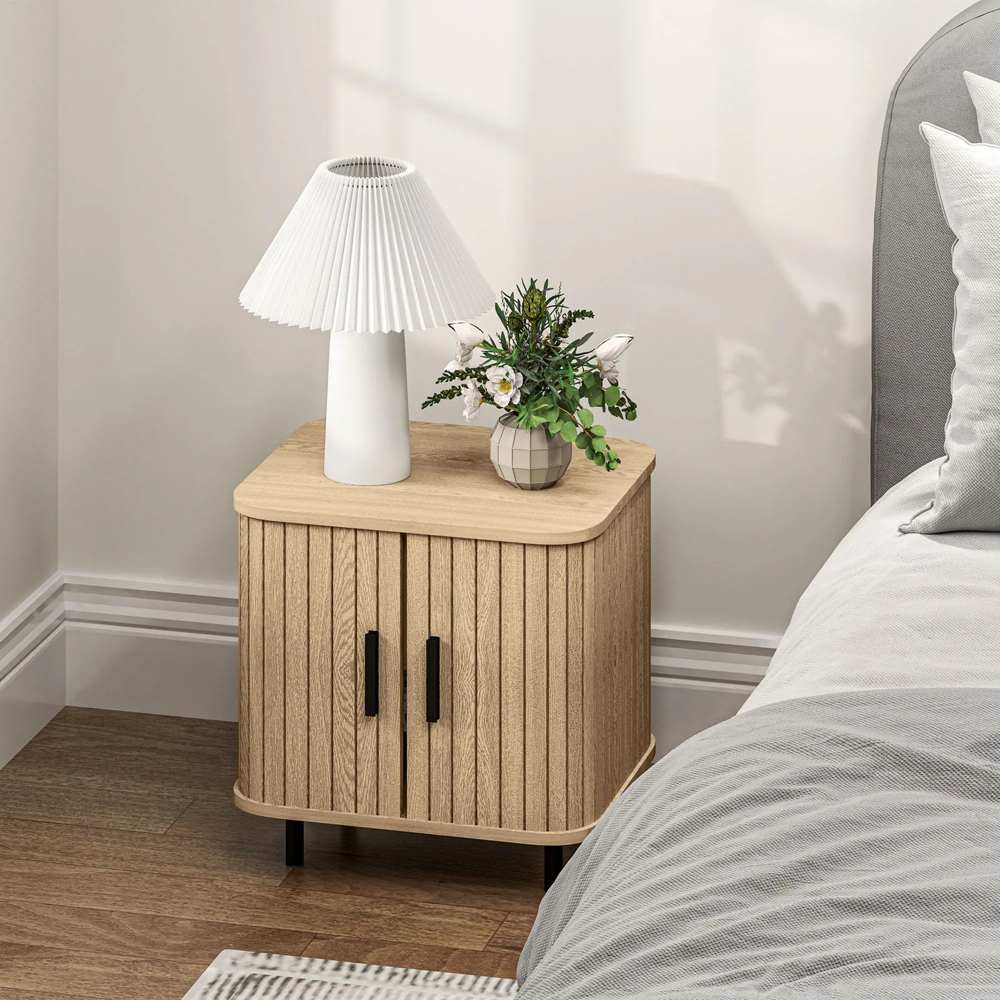 HOMCOM Bedside Table, Nordic Side Table with Roller Shutter Style Sliding Doors and Metal Legs for Bedroom, Living Room, Oak Tone