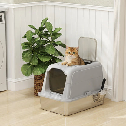 PawHut Extra Large Stainless Steel Litter Box, Enclosed Cat Litter Tray with Scoop, Deodorizer Bag, Front-Entry & Top-Exit