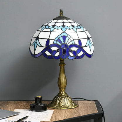 HOMCOM Tiffany Stained Glass Table Lamp, Handmade Antique Bedside Lamp, Nightstand, Night Light, Blue
