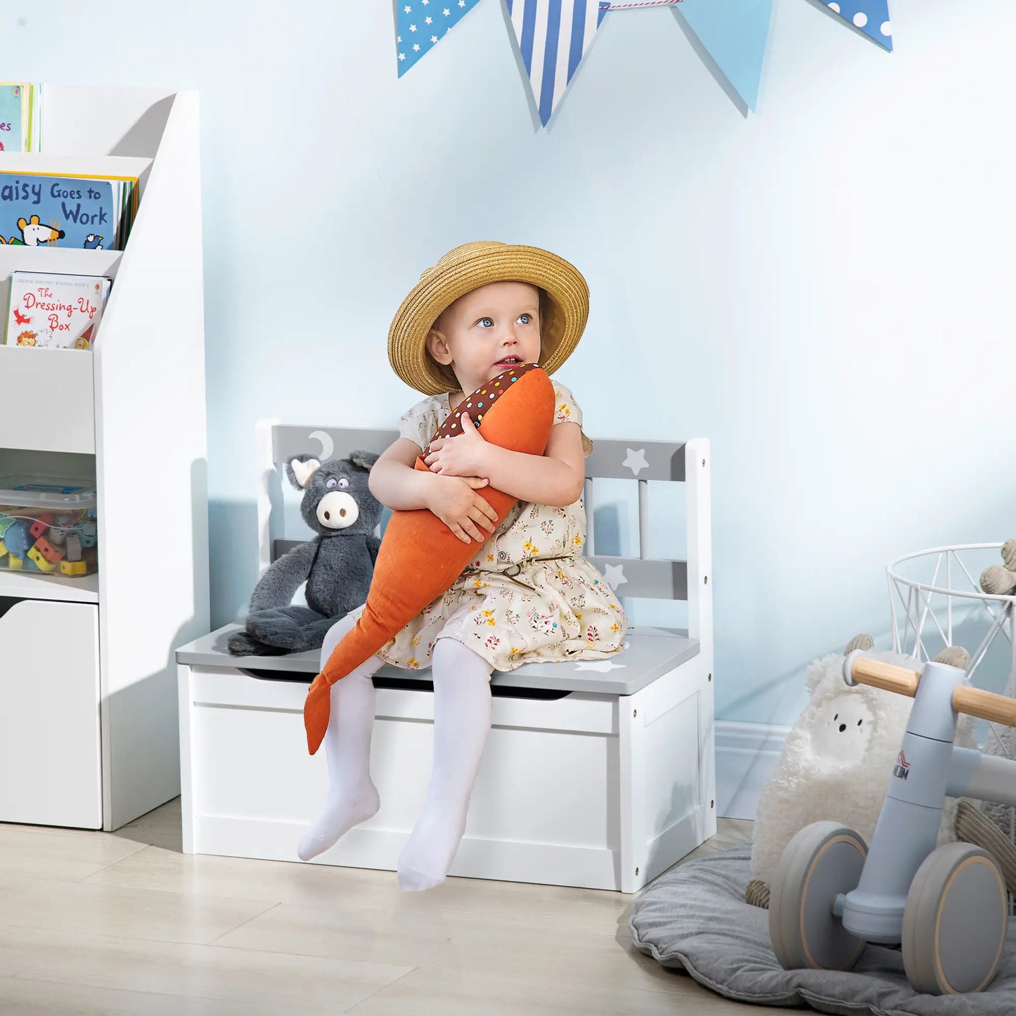 ZONEKIZ 2 In 1 Kids Storage Bench, Toy Box with Safety Rod - Grey