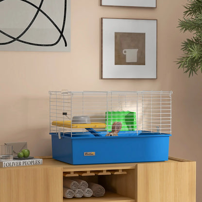 PawHut Chinchillas Small Rabbit Guinea Pig Small Animal Cage, Pet Playhouse with Platform, Ramp, Blue