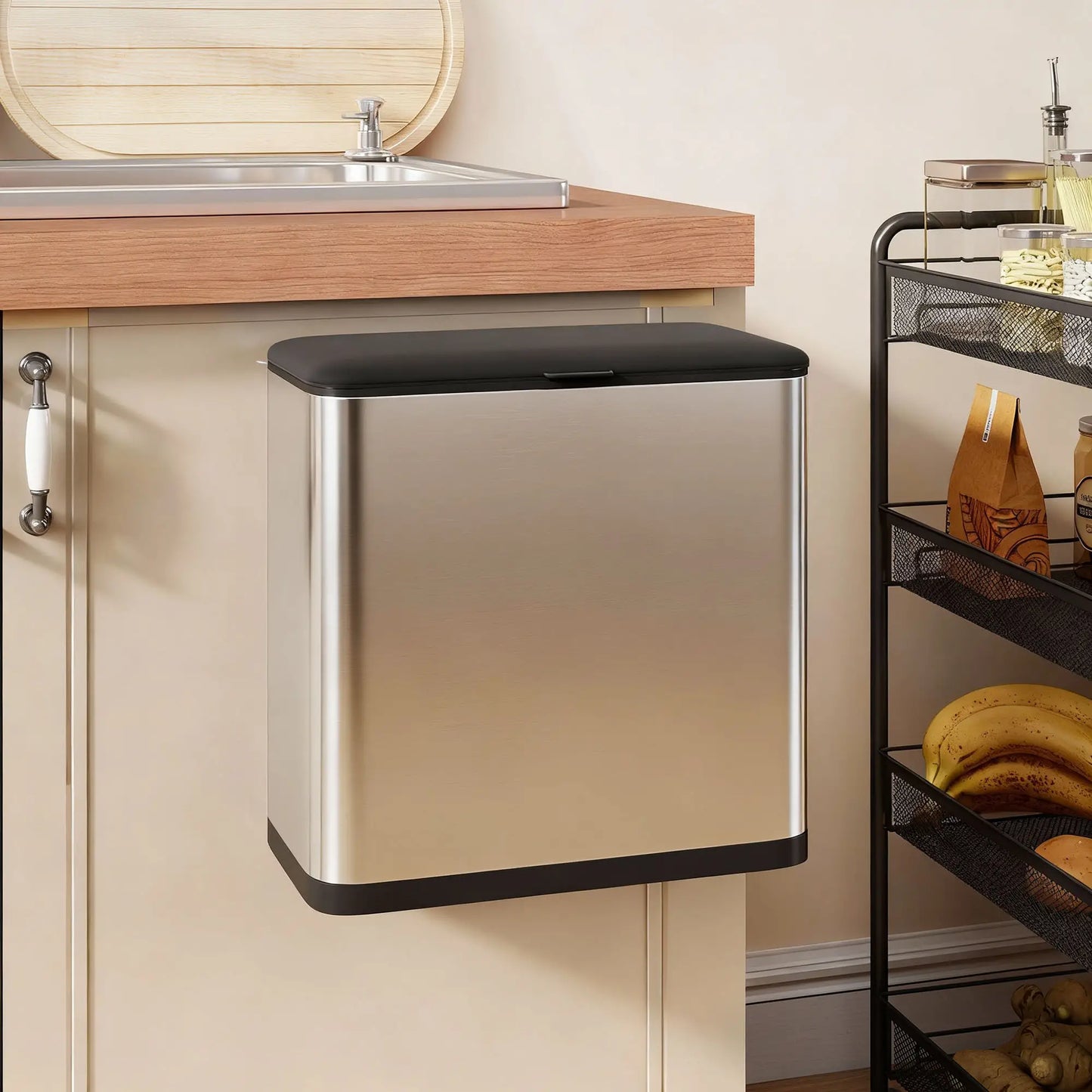 HOMCOM 8L Hanging Kitchen Bin, Rubbish Bin with Lid & Removable Inner Bucket for Under Cabinet, Under Sink, Office