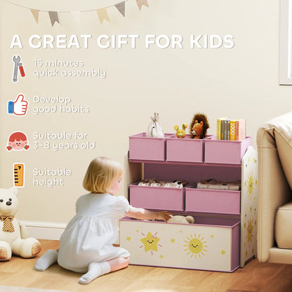 AIYAPLAY Kids 3-Tier Toy Organiser Storage Shelf with 6 Removable Boxes for Kids, Bedroom, Playroom, Pink