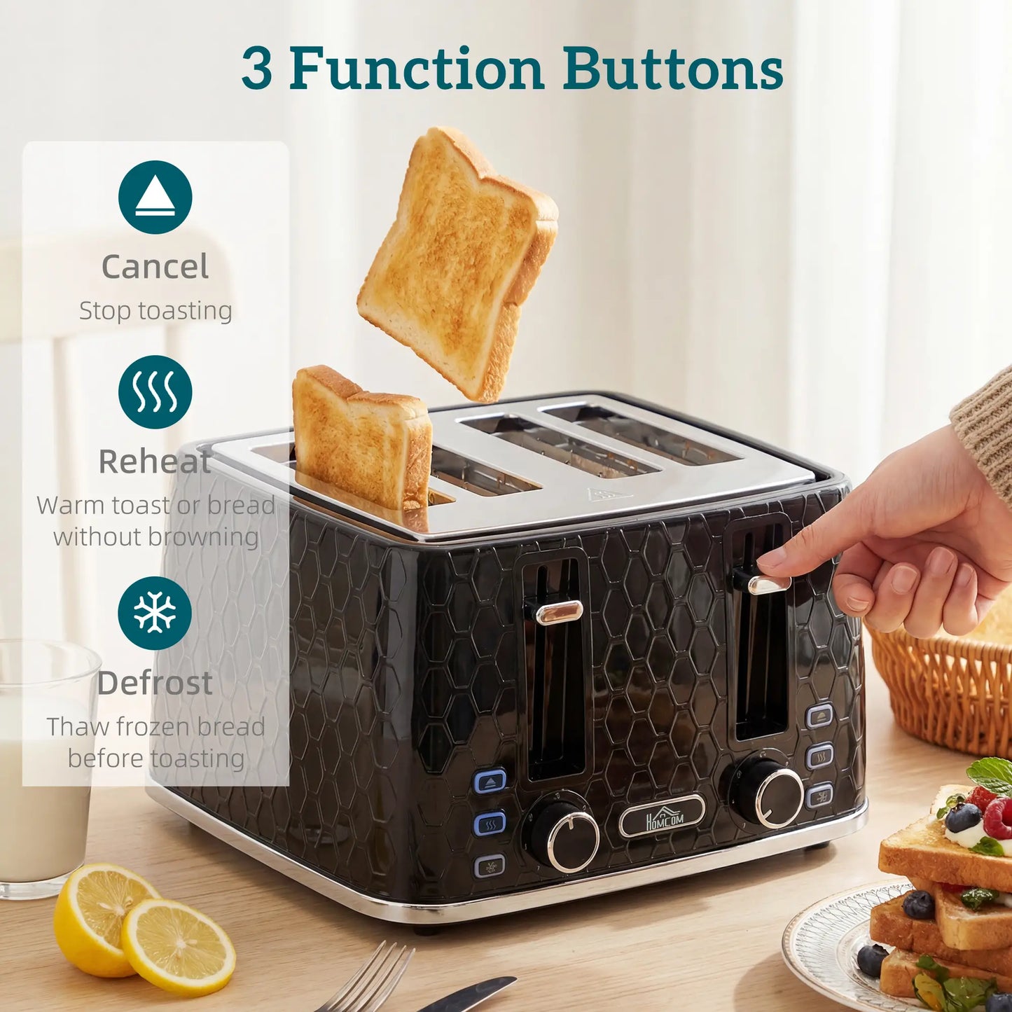 HOMCOM Kettle and Toaster Set, 1.7L 3000W Rapid Kettle with Strix Thermostat, 4 Slice Toaster, Black