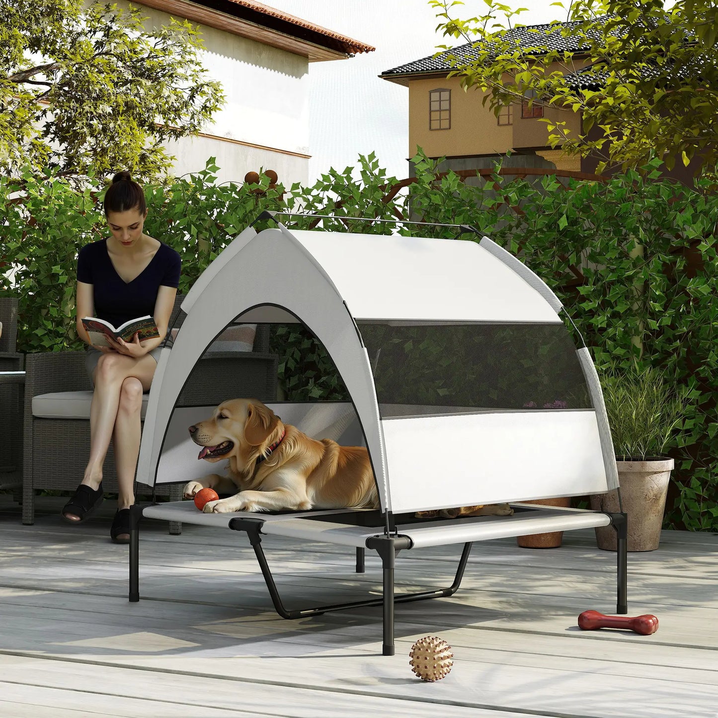 PawHut Portable Elevated Dog Bed with Removable Canopy, Cooling Raised Pet Cot for Medium Large Dogs