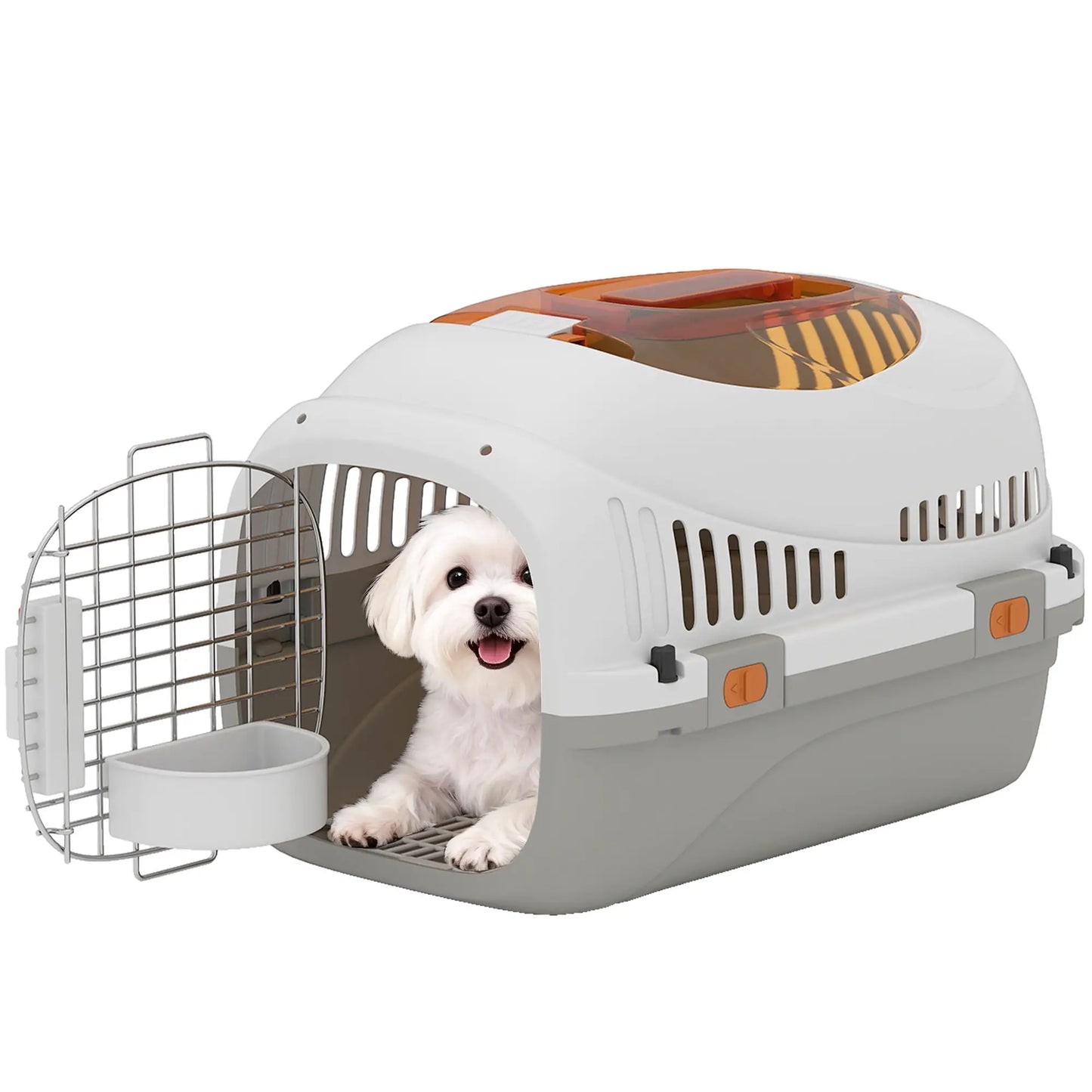 PawHut Plastic Pet Carrier Hard Shell Dog Cat Carrier Max 4 KG Steel Door Feed Bowl, Secure Lock