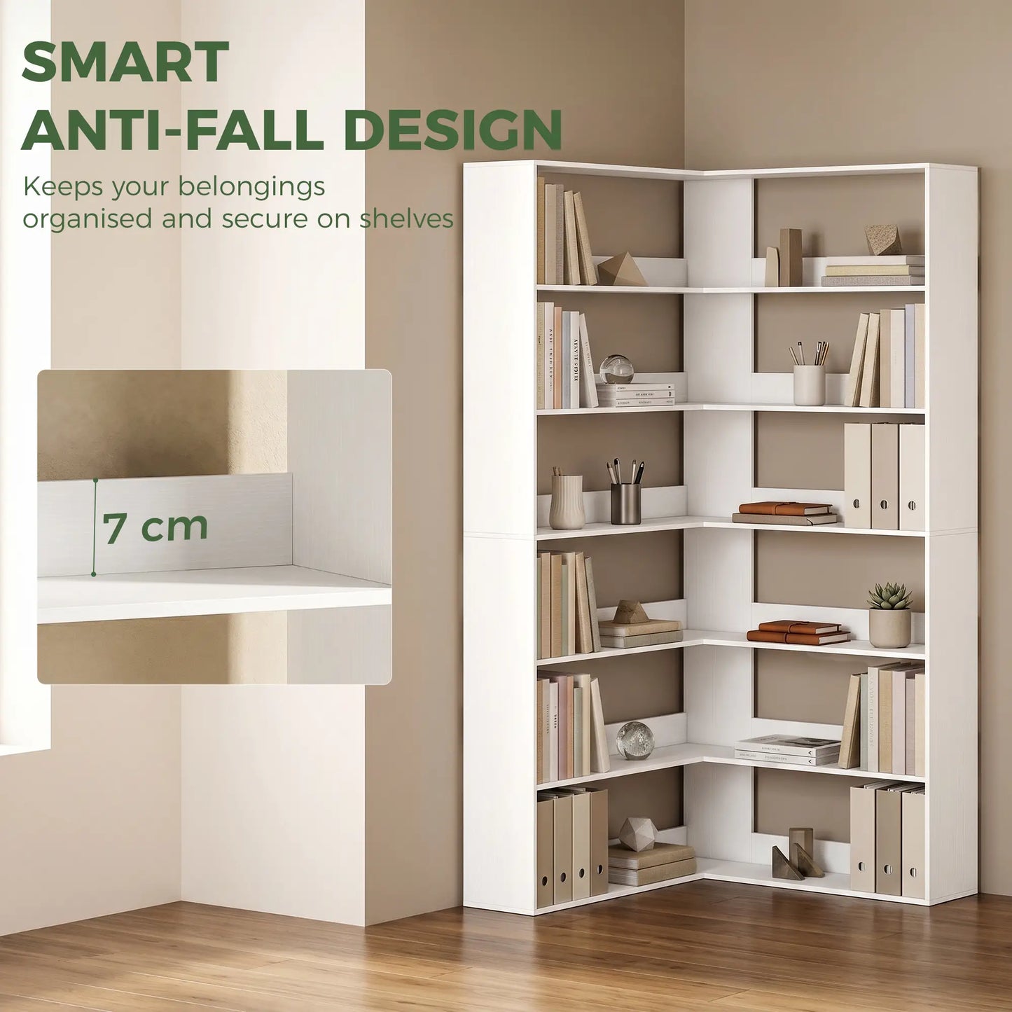 HOMCOM 7 Tiers Bookshelf, L-Shaped Corner Bookcase with Anti-Slip Rear Guard, White Wood Effect