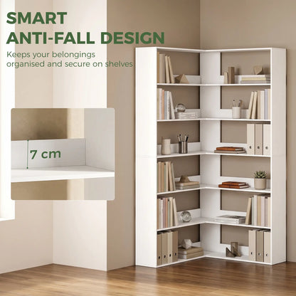 HOMCOM 7 Tiers Bookshelf, L-Shaped Corner Bookcase with Anti-Slip Rear Guard, White Wood Effect