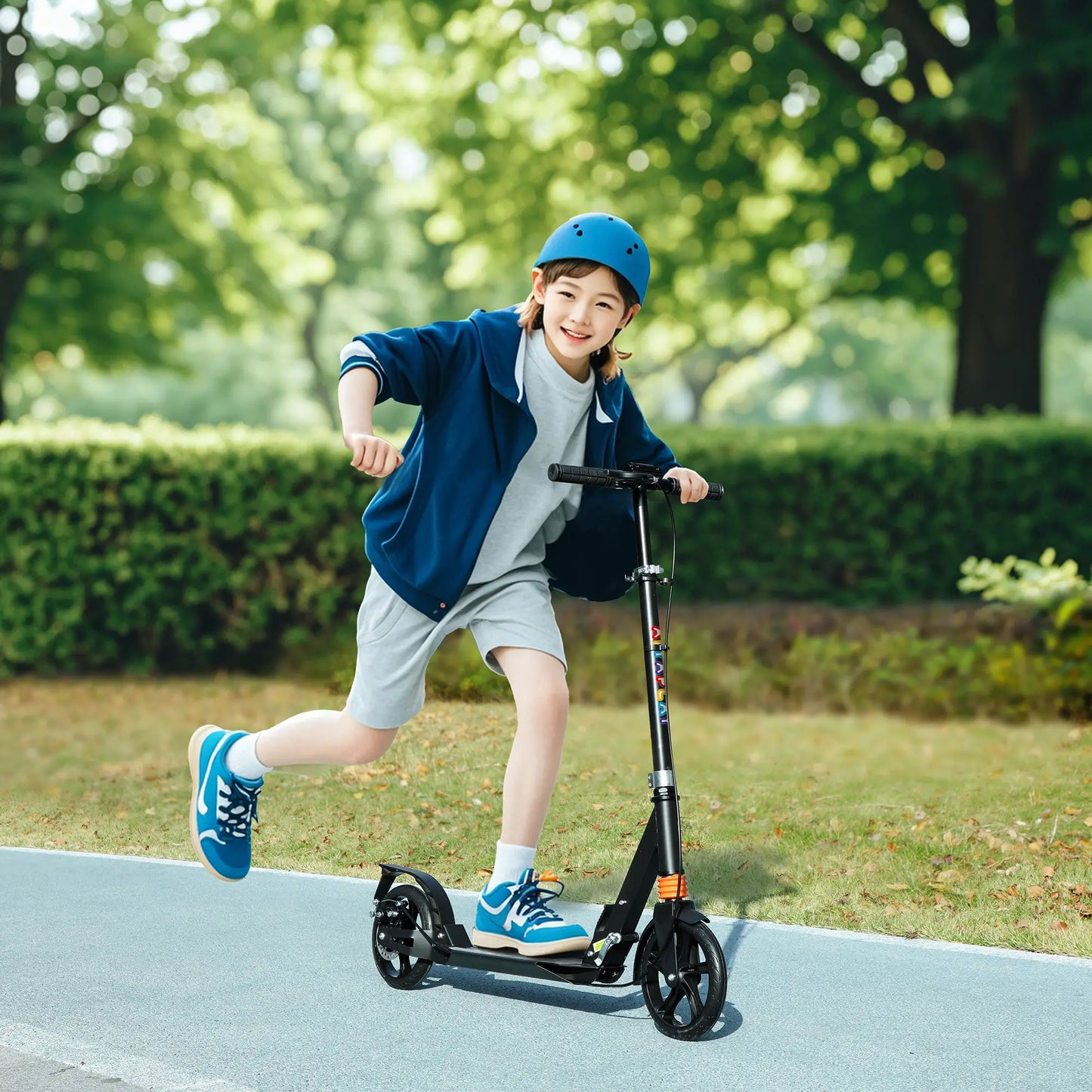 AIYAPLAY Kids Scooter with Four-Level Adjustable Handlebar, Dual Brake System, 200mm Wheels, Black