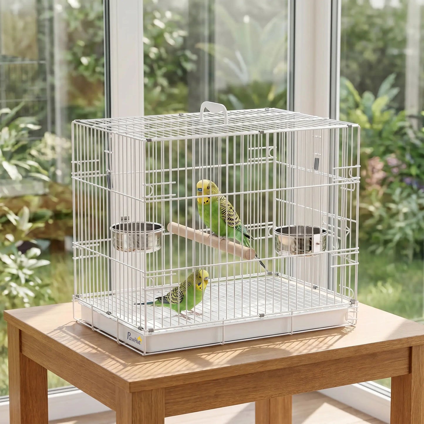 PawHut Bird Cage Foldable Portable Budgie Cage with Wooden Perch 2 Bowls for Travel, White