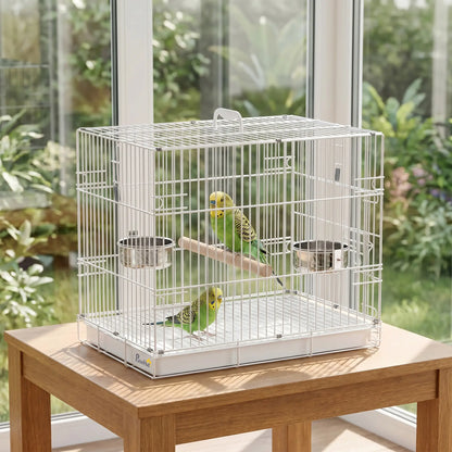 PawHut Bird Cage Foldable Portable Budgie Cage with Wooden Perch 2 Bowls for Travel, White